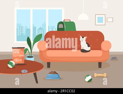 Cute cat character sitting on sofa in living room illustration Stock Vector