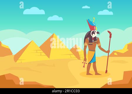 Egyptian God with walking stick surrounded by ancient pyramids Stock Vector