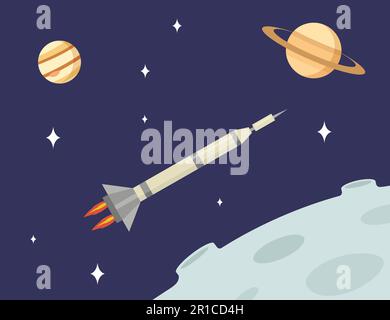 Rocket flying in open space among Moon, Saturn planets and stars Stock Vector