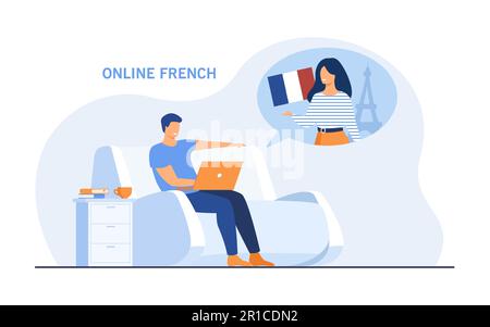 Cartoon man learning French online Stock Vector