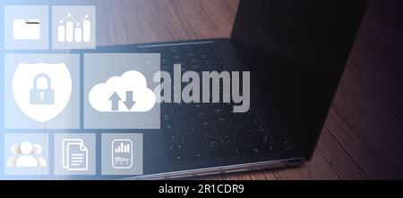 Banner desktop photo with management document icons for data management system concept. Documentation database and digital file storage system. Stock Photo