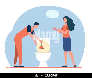 Plumber cleaning toilet sink from clog Stock Vector