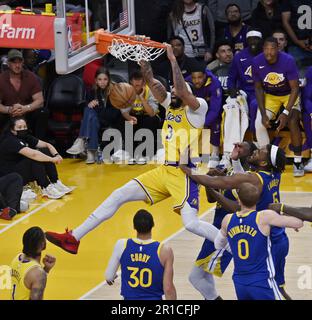 Los Angeles, United States. 12th May, 2023. Los Angeles Lakers forward Anthony Davis jams over the Golden State Warriors during the second half of Game 6 of the Western Conference semifinals at Crypto.com Arena in Los Angeles on Friday, May 12, 2023. The Lakers open the Western Conference finals at Denver on Tuesday. Photo by Jim Ruymen/UPI Credit: UPI/Alamy Live News Stock Photo