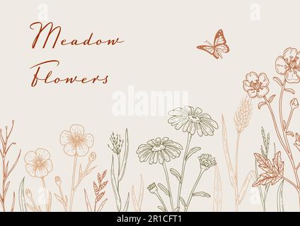Hand drawn summer horizontal wildflowers design. Vector illustration in sketch style. Meadow flowers aesthetic background Stock Vector