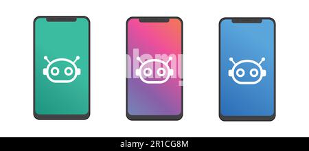 Chatbot on the phone, chat with the robot on the screen. Set on white background. Vector illustration Stock Vector