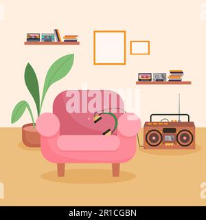 Tape recorder and cassettes in living room illustration Stock Vector