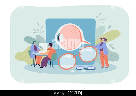 Tiny ophthalmologists checking patient vision Stock Vector