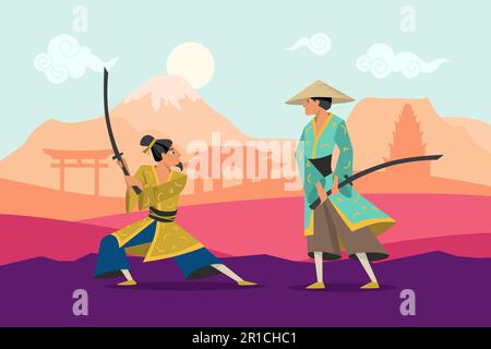 Cartoon battle of two eastern warriors in kimono Stock Vector