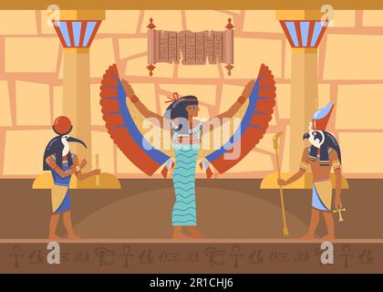 Egyptian winged goddess Maat surrounded by Ra and Thoth deities Stock Vector