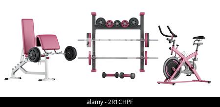Black and pink Fitness set with stationary bike , weight machines on white background- 3d rendering Stock Photo