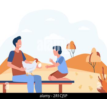 Cartoon father and son characters with hen and egg Stock Vector