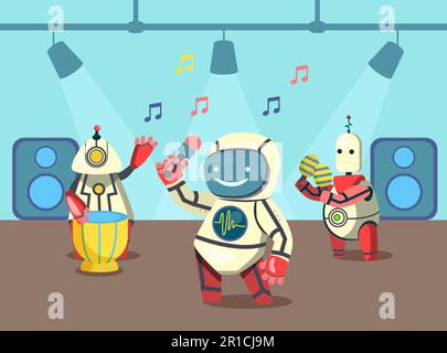 Cute robots dancing and playing instruments cartoon illustration Stock Vector