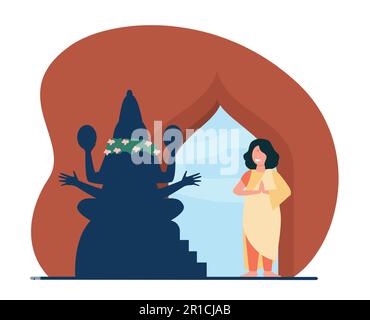 Happy Indian woman praying in temple Stock Vector