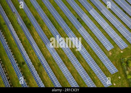 Renewable energy. Aerial shot drones fly over a photovoltaic power ...