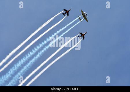 Zeltweg, Austria - September 03, 2022: Public airshow in Styria named Airpower 22, demonstration with vintage fighter aircraft Lockheed P-38 Lightning Stock Photo