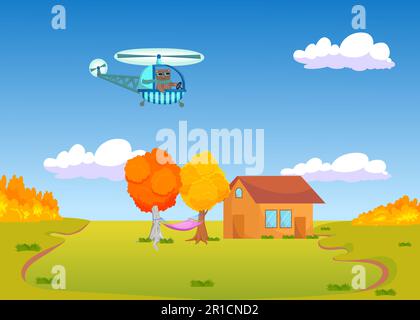 Cute cartoon cat flying helicopter over autumn landscape Stock Vector