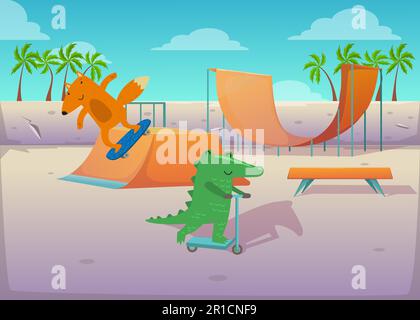 Cute animals on transport at skate park illustration Stock Vector