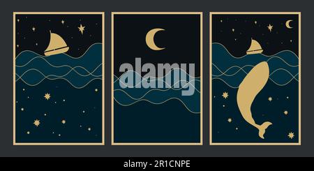 Set of illustrations of a night ocean. Minimalist background with midnight sky and ocean view and silhouettes of a ship and a whale. Vector art Stock Vector