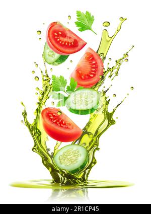 Fresh salad ingredients, slices of cucumber and tomato levitating in splash of olive oil isolated on white background Stock Photo