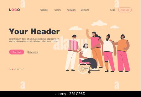 Smiling volunteers helping disabled people Stock Vector