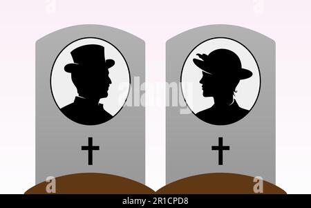 Victorian man and woman graves. Couple buried together on cemetery, vector illustration. Stock Vector