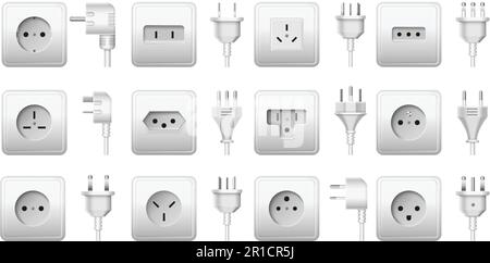 Wall socket and plug types. Electrical power point, white outlet and connectors from around the world realistic 3D vector illustration set Stock Vector