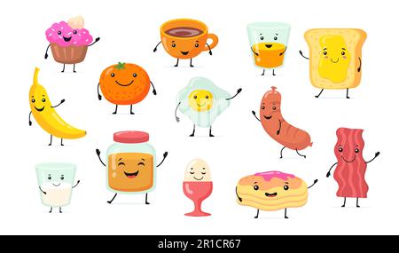 Set of cute funny breakfast food cartoon characters Stock Vector