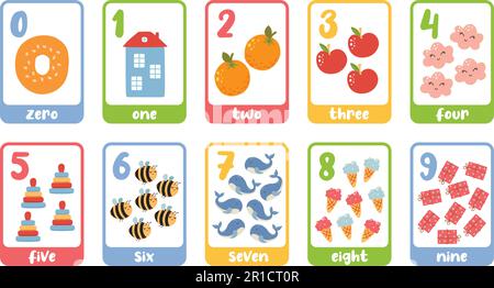 Vintage cartoon numbers cards. Educational children poster for teaching and learn kids to count and calculate vector illustration set Stock Vector