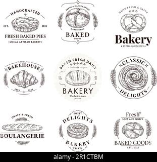 Bakery emblem. Local bakehouse artisan label with hand drawn fresh baked bread, sweet delights and baked good vector template set Stock Vector