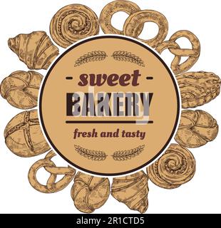 Sketch bakery emblem. Sweet baked goods and fresh bread hand drawn frame with decorative ear of wheat. Bakehouse label template vector illustration Stock Vector
