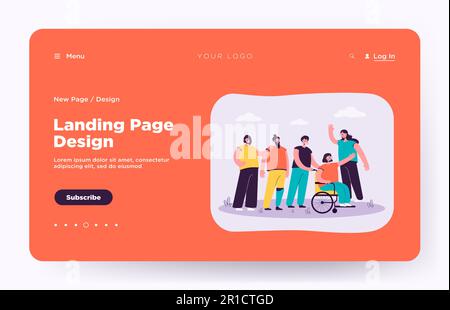 Smiling volunteers helping disabled people Stock Vector