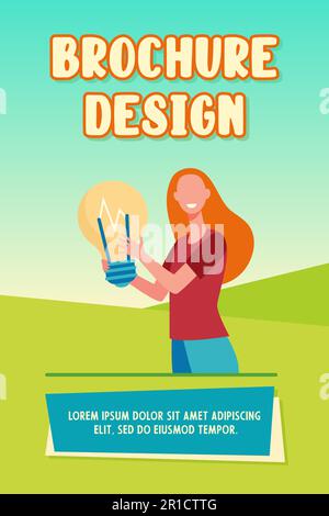 Happy woman holding big bulb and smiling Stock Vector