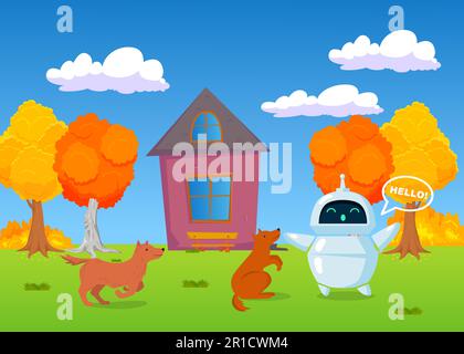 Dogs playing with friendly robot outdoors in autumn Stock Vector