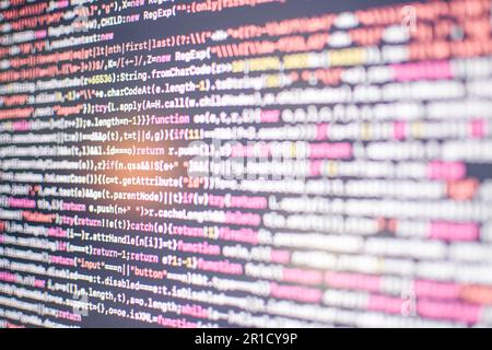 Script HTML5 in an editor for website development. Coding script text on the monitor. Computer science lesson. Concept programmers write source code a Stock Photo