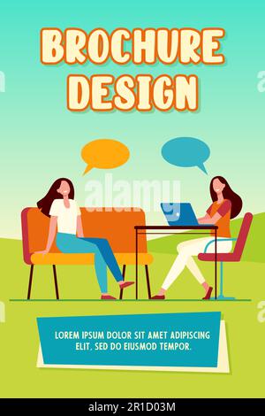Two friends talking, sitting and using laptop Stock Vector