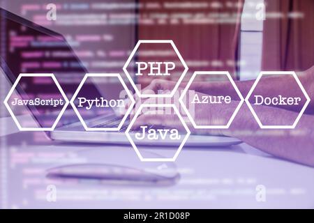 Developers work at home. Programmers write coding apps for use with business services on the Internet. Programmers sit and write programs with their l Stock Photo