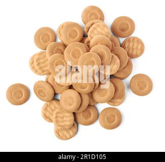 pile of milk biscuits or cookies, crispy and crunchy round shape sweet crackers, tea time snack or dessert isolated on white background Stock Photo