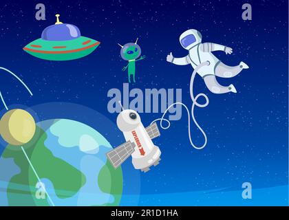 Astronaut greeting little alien in outer space Stock Vector