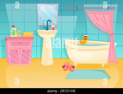 Colorful bathroom interior with rubber duck in bath Stock Vector