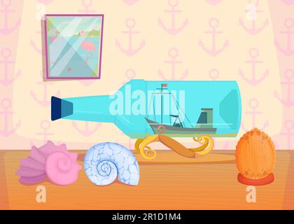 Cartoon fishing boat in bottle and seashells Stock Vector