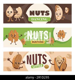 Playful nuts characters banners set of cartoon vector illustrations Stock Vector