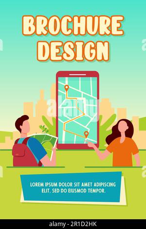 Young people using paper and online map Stock Vector