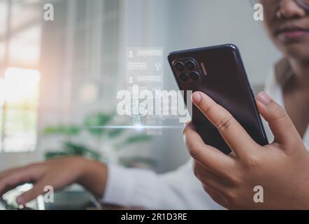 Business woman are working and bringing AI to help them work on computers. Chat bot. Chat with AI Stock Photo