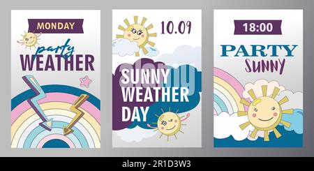 Set of weather invitation cards cartoon vector illustration Stock Vector