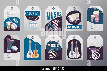 Trendy special tag designs with musical instruments Stock Vector