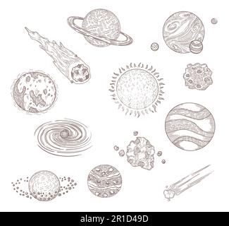 Planets, comets and meteors engraved illustrations set Stock Vector