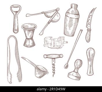 Bartender equipment kit hand drawn sketches set Stock Vector