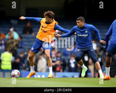 Chelsea's Joao Felix (left) and Chelsea's Thiago Silva during the warm up before the Premier League match at Stamford Bridge, London. Picture date: Saturday May 13, 2023. Stock Photo