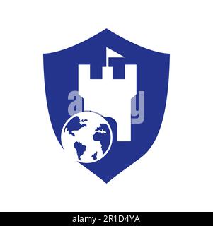 Castle globe vector logo design. Unique fortress and globe logotype design template. Stock Vector