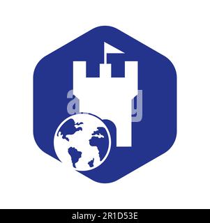 Castle globe vector logo design. Unique fortress and globe logotype design template. Stock Vector